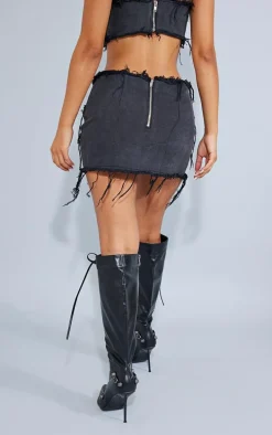 Petite Washed Black Distressed Panel Belted Denim Mini Skirt