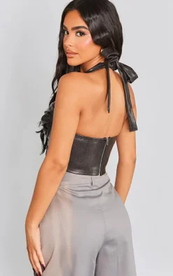 Petite Washed Black Faux Leather Halterneck Corset Top