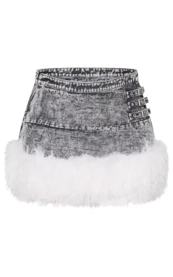 Petite Washed Black Faux Fur Trim Denim Mini Skirt