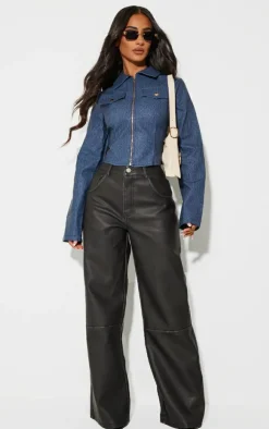 Petite Washed Black Faux Leather Wide Leg Pants