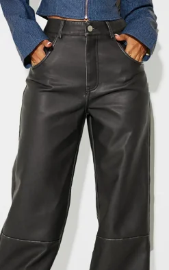 Petite Washed Black Faux Leather Wide Leg Pants