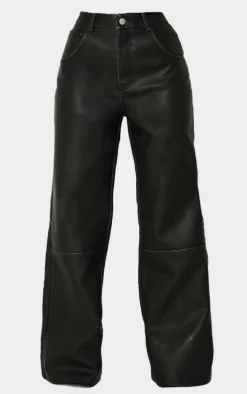 Petite Washed Black Faux Leather Wide Leg Pants