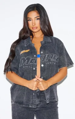 Petite Washed Black Graphic Detail Denim Shirt