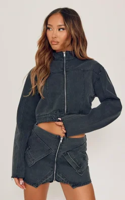 Petite Washed Black Micro Mini Denim Skirt