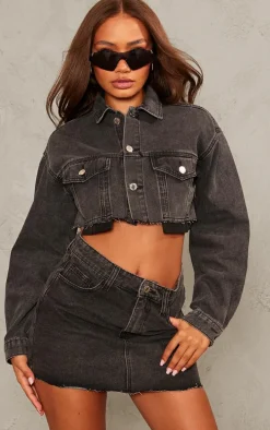 Petite Washed Black Pocket Detail Denim Cropped Jacket