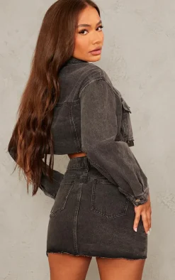 Petite Washed Black Pocket Detail Denim Cropped Jacket