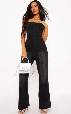 Petite Washed Black Seam Detail Bodice Flared Denim Jumpsuit