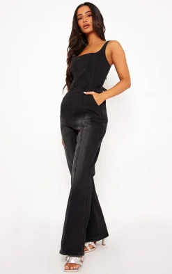 Petite Washed Black Seam Detail Bodice Flared Denim Jumpsuit