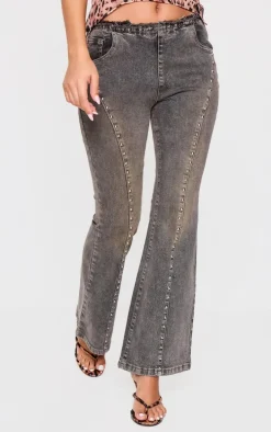 Petite Washed Black Stud Detail Denim Flared Jeans