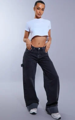 Petite Washed Black Wide Leg Jeans With Strap Detail