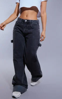 Petite Washed Black Wide Leg Jeans With Strap Detail