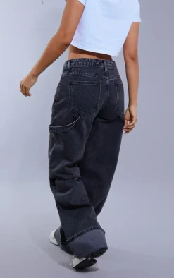 Petite Washed Black Wide Leg Jeans With Strap Detail