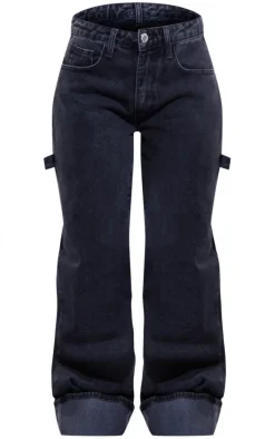 Petite Washed Black Wide Leg Jeans With Strap Detail