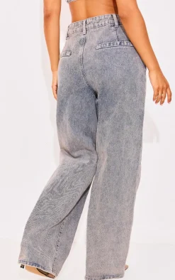 Petite Washed Blue Denim Lace-up Straight Leg Jeans