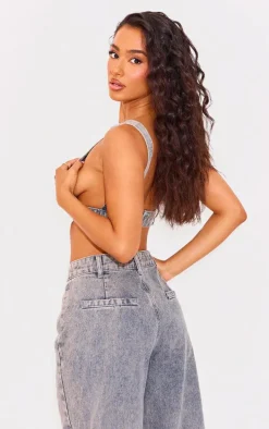 Petite Washed Blue Denim V-neck Bralet