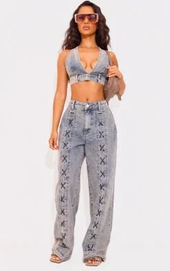 Petite Washed Blue Denim V-neck Bralet