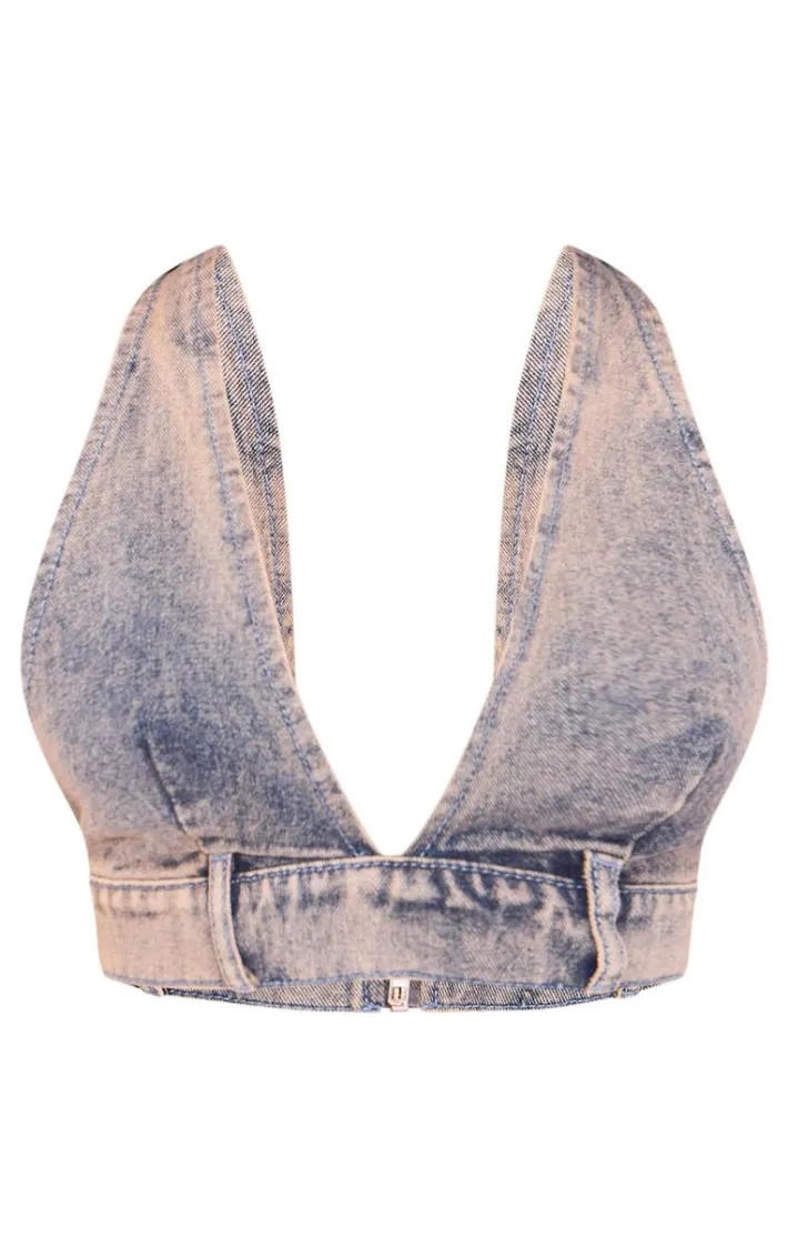 Petite Washed Blue Denim V-neck Bralet