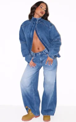 Petite Washed Blue Extreme Wide Leg Low Rise Jeans