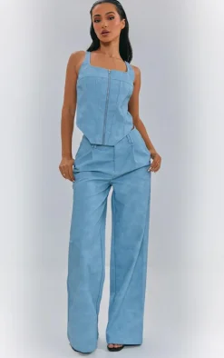 Petite Washed Blue Faux Leather Straight Leg Pants