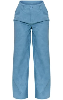Petite Washed Blue Faux Leather Straight Leg Pants