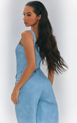 Petite Washed Blue Faux Leather Zip Up Corset Top