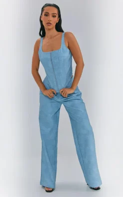 Petite Washed Blue Faux Leather Zip Up Corset Top