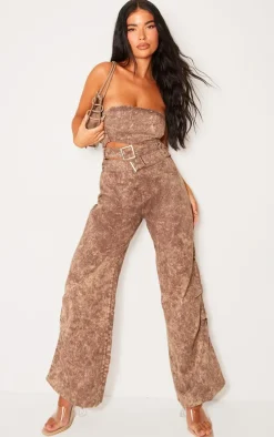 Petite Washed Brown Bandeau Cut Out Front Jumpsuit