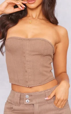 Petite Washed Brown Denim Hook And Eye Corset Top
