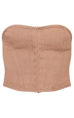 Petite Washed Brown Denim Hook And Eye Corset Top