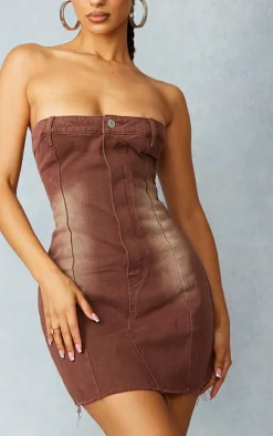 Petite Washed Brown Denim Mini Dress