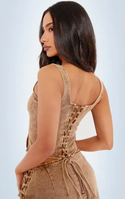 Petite Washed Brown Denim Lace Up Corset Top