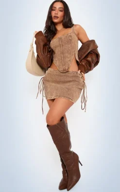 Petite Washed Brown Denim Lace Up Mini Skirt