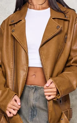 Petite Washed Brown Distressed Look Faux Leather Longline Biker Jacket