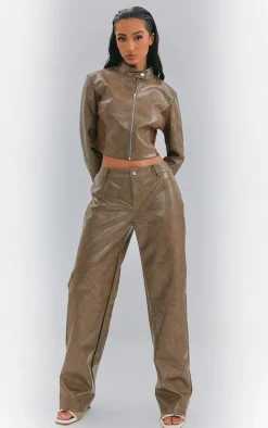 Petite Washed Brown Faux Leather Straight Leg Pants
