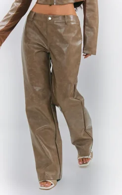 Petite Washed Brown Faux Leather Straight Leg Pants