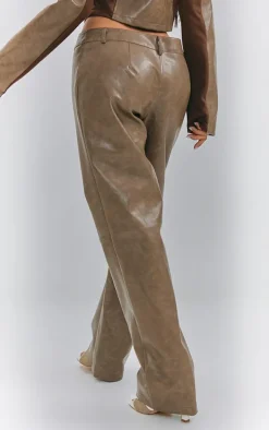 Petite Washed Brown Faux Leather Straight Leg Pants