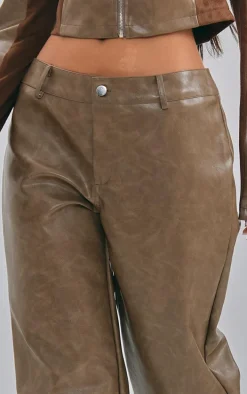 Petite Washed Brown Faux Leather Straight Leg Pants