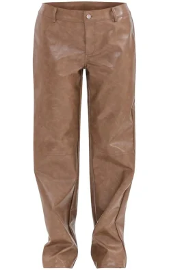 Petite Washed Brown Faux Leather Straight Leg Pants