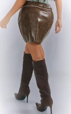Petite Washed Brown Faux Leather Mini Skirt