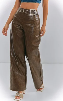 Petite Washed Brown Faux Leather Belted Straight Leg Pants