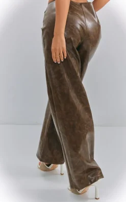 Petite Washed Brown Faux Leather Belted Straight Leg Pants