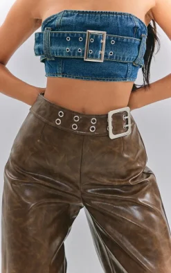 Petite Washed Brown Faux Leather Belted Straight Leg Pants