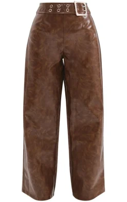 Petite Washed Brown Faux Leather Belted Straight Leg Pants