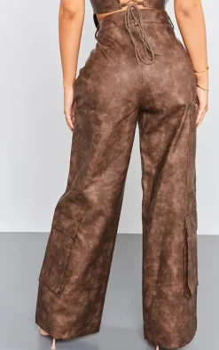 Petite Washed Brown Faux Leather Pocket Detail Pants