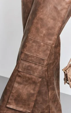 Petite Washed Brown Faux Leather Pocket Detail Pants