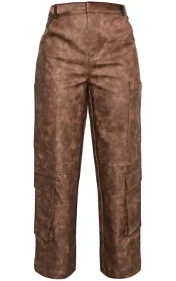 Petite Washed Brown Faux Leather Pocket Detail Pants
