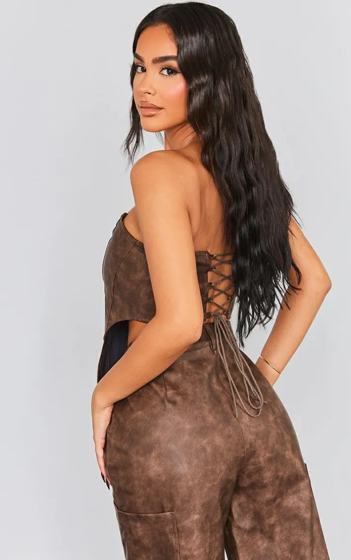 Petite Washed Brown Faux Leather Corset Top