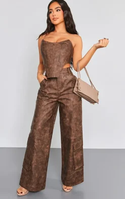 Petite Washed Brown Faux Leather Corset Top