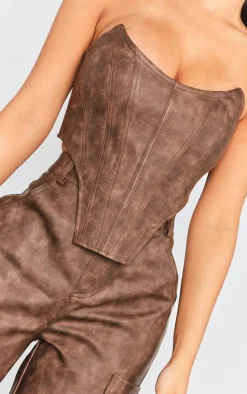 Petite Washed Brown Faux Leather Corset Top