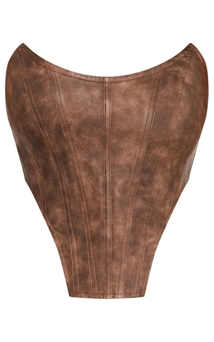Petite Washed Brown Faux Leather Corset Top